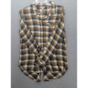 Lucky Brand Shirt Womens Small Brown Navy Plaid Button Back Hi Low Hem Top